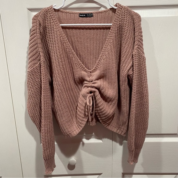 SHEIN Women’s Ruched Knit Long-Sleeve V-Neck Cropped Sweater - mauve, size S - Picture 2 of 6
